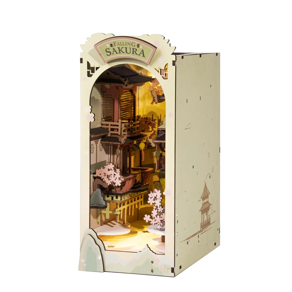 Robotime Rolife Falling Sakura Book Nook DIY Wooden Puzzle with LED Light