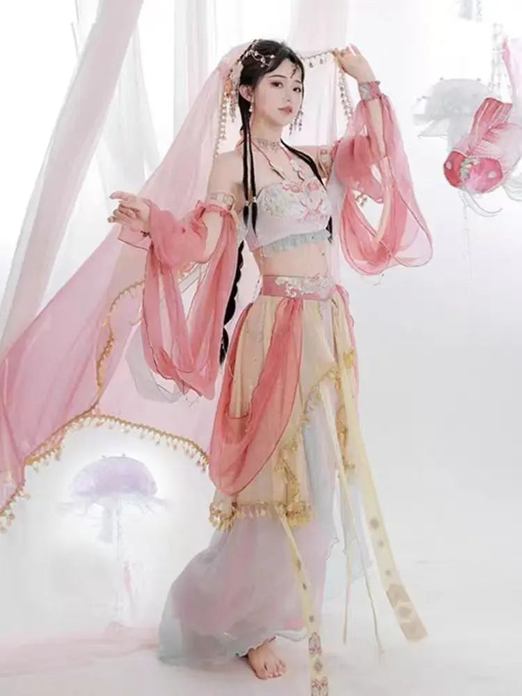 Dunhuang Feitian Chinese style printed silk Hanfu 4-piece set, high-end retro Hanfu, high-end satin embroidery craftsmanship SS69