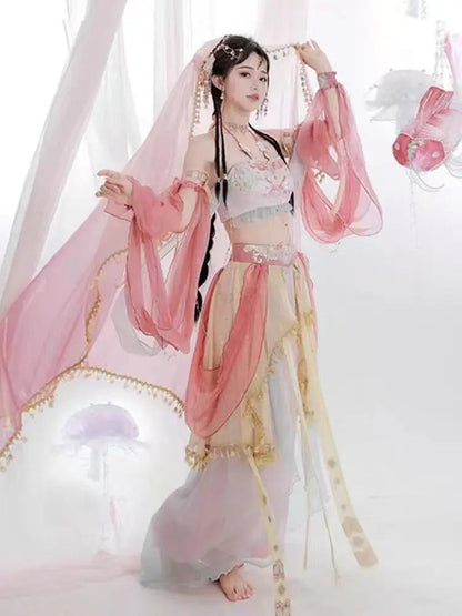 Dunhuang Feitian Chinese style printed silk Hanfu 4-piece set, high-end retro Hanfu, high-end satin embroidery craftsmanship SS69