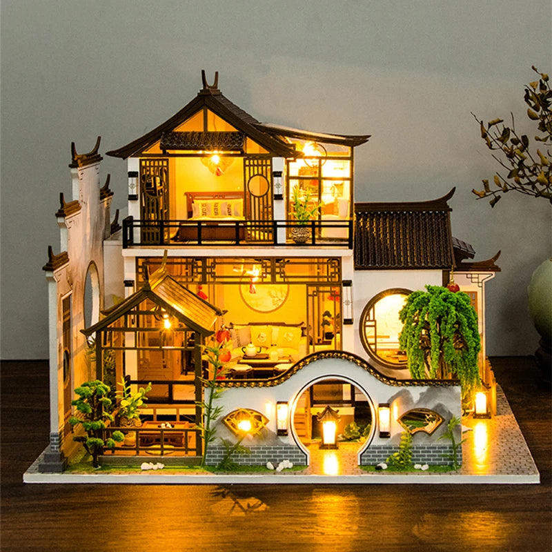 NEW DIY Wooden Doll Houses Japanese Ancient Casa Miniature Building Kits with Furniture Led Dollhouse for Adults Christmas Gifts SS69