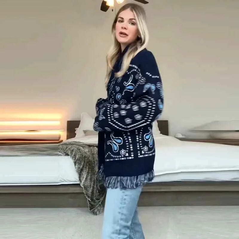 Vintage Tassels Print Women's Print Cardigan V-Neck Lace Up Full Sleeve Spliced Sweaters 2025 Autumn Lady All-match Kintwears