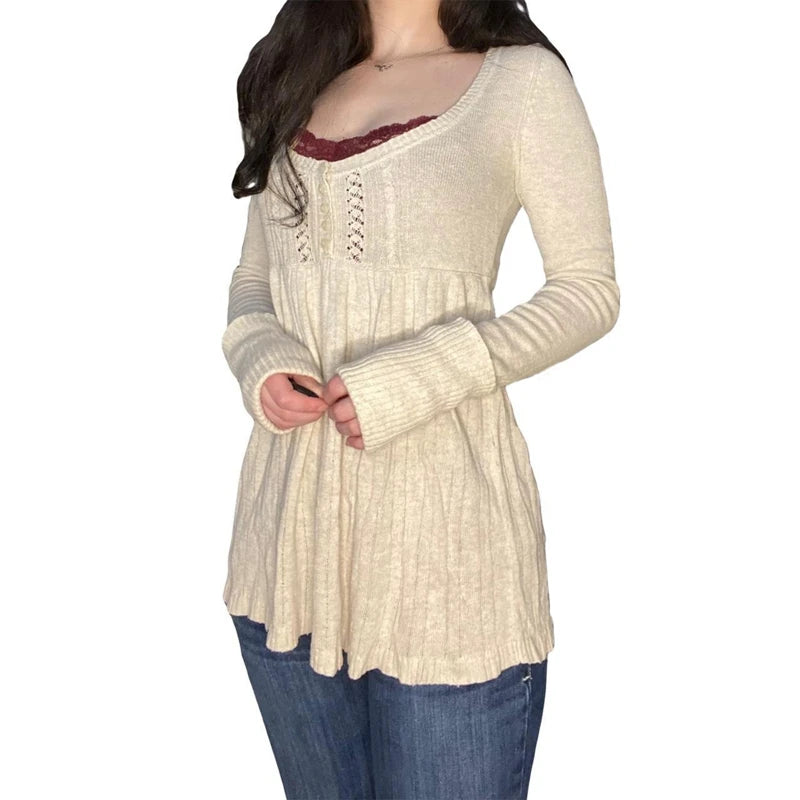 2000s Vintage Long Sleeve Babydoll Knitted Sweater Tops Cottage Milkmaid Pullovers Aesthetic Grunge Y2k Knitwear T-shirts Women SS69
