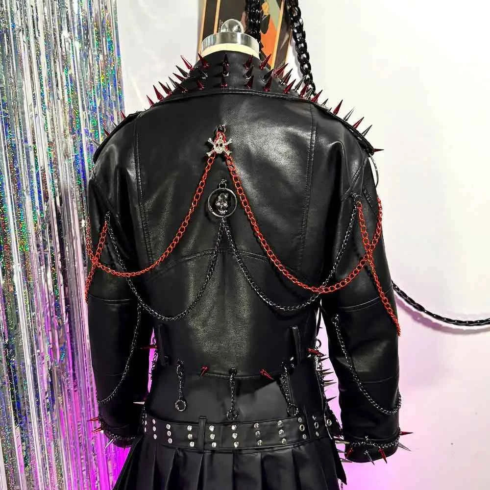 Women's Y2K Goth PU Leather Jacket Gothic Boho Emo Clothing with Spikes Punk Rock Grunge Festival Coat for Teens Spiked Clothes