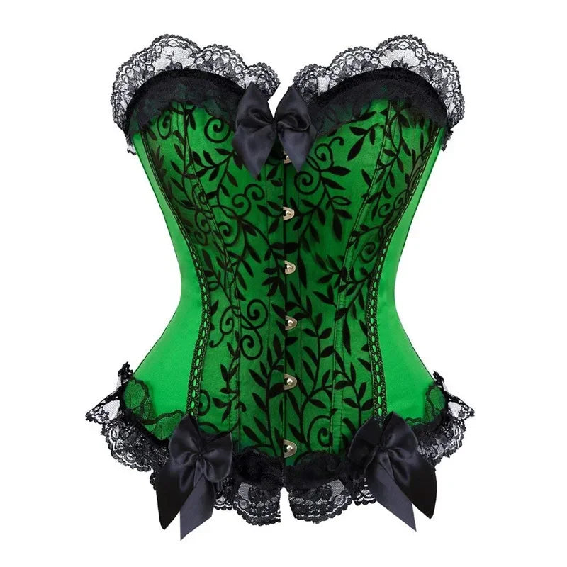 Plus Size Vintage Floral Lace Corset Bustier & Skirt Set - Green