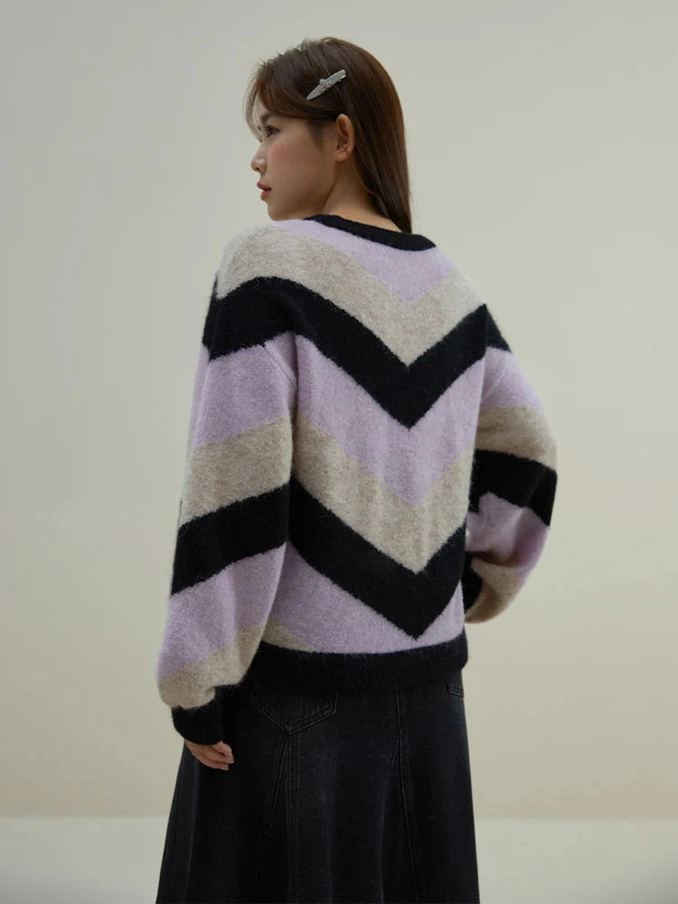 DUSHU Loose Soft Sticky Stripe Knit Shirt Pullovers Winter 2023 New Peruvian Alpaca Wool Inner Layer Knit Pullovers For Women SS69