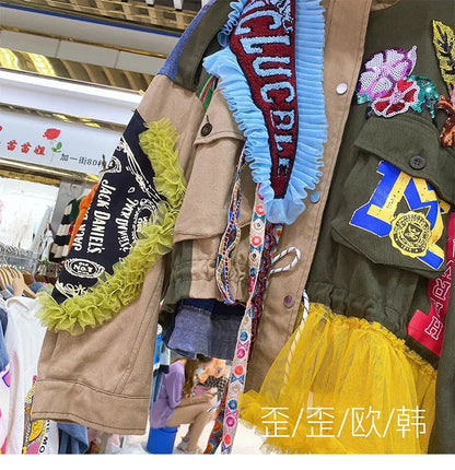 Women Floral Embroidery Sequined Trench Coats Mesh Spliced Ruffles Denim Jacket Hairballs Tassels Jeans Cardigan Streetwear Tops SS69