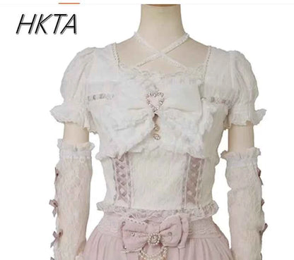 Japanese Sweet Heavy Industry Splicing Sleeve Strap Lace Bow Lace Shirt Summer Autumn New Elastic Slim Long-sleeve Tshirt Top