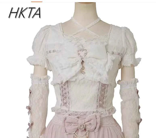 Japanese Sweet Heavy Industry Splicing Sleeve Strap Lace Bow Lace Shirt Summer Autumn New Elastic Slim Long-sleeve Tshirt Top