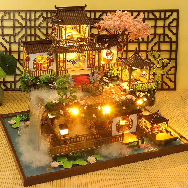 DIY Wooden Chinese Ancient Casa Miniature Building Kits Bookend With Lights Assembled Bookshelf Home Decoration Friends Gifts SS69