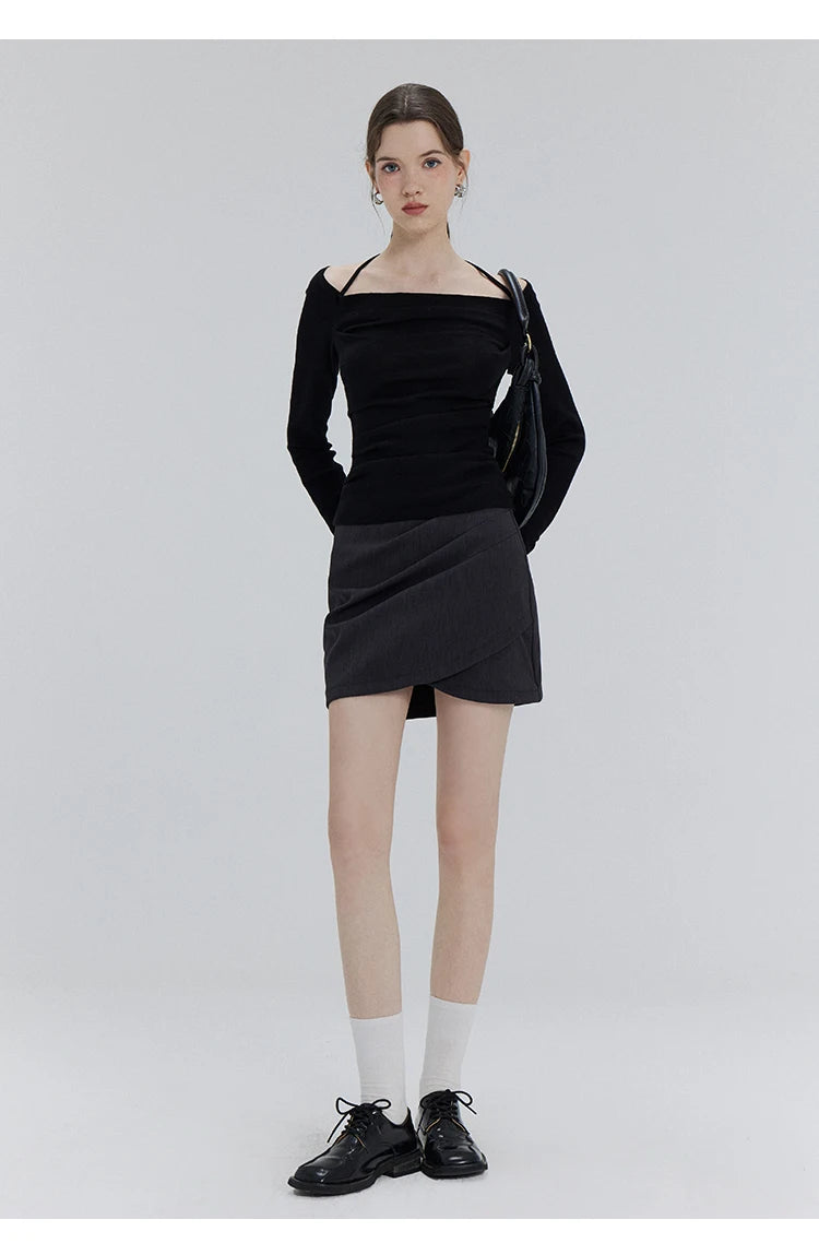 EGGKA Autumn One-shoulder Halter Neck Knitted Tops Women Slim Designer T-Shirts Slash Neck Long Sleeve Tops Korean Fashion Tees - SS69