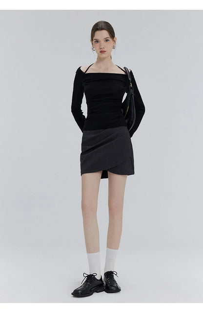 EGGKA Autumn One-shoulder Halter Neck Knitted Tops Women Slim Designer T-Shirts Slash Neck Long Sleeve Tops Korean Fashion Tees - SS69