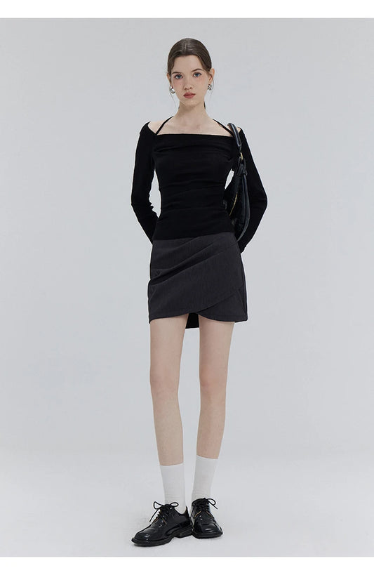 EGGKA Autumn One-shoulder Halter Neck Knitted Tops Women Slim Designer T-Shirts Slash Neck Long Sleeve Tops Korean Fashion Tees - SS69