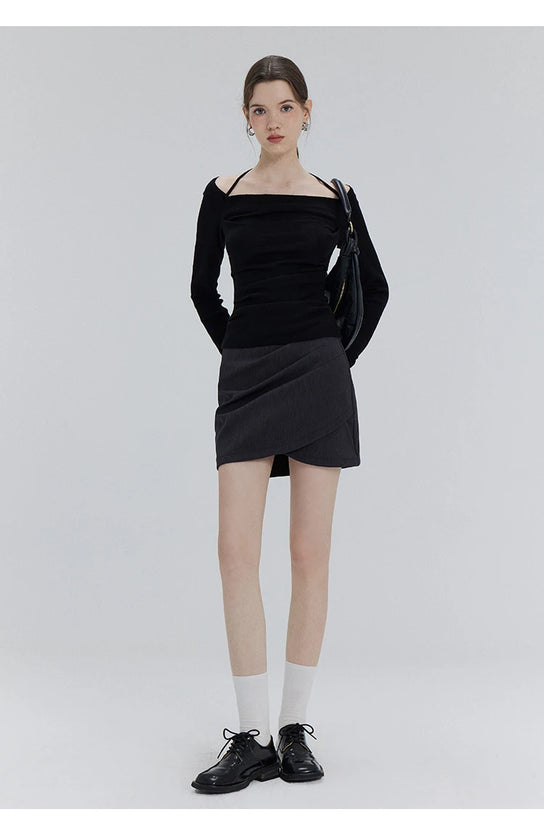 EGGKA Autumn One-shoulder Halter Neck Knitted Tops Women Slim Designer T-Shirts Slash Neck Long Sleeve Tops Korean Fashion Tees - SS69