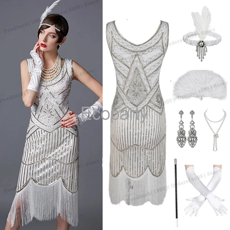 1920s Gatsby Dress 20s Flapper Girl Fancy Retro Sleeveless Sequins Embroidered Tassels Party Dress With Fan Necklace Accessories SS69 58.69 White / XXL / CHINA