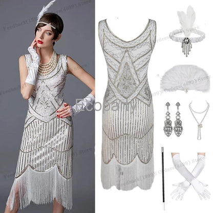 1920s Gatsby Dress 20s Flapper Girl Fancy Retro Sleeveless Sequins Embroidered Tassels Party Dress With Fan Necklace Accessories SS69 58.69 White / XXL / CHINA