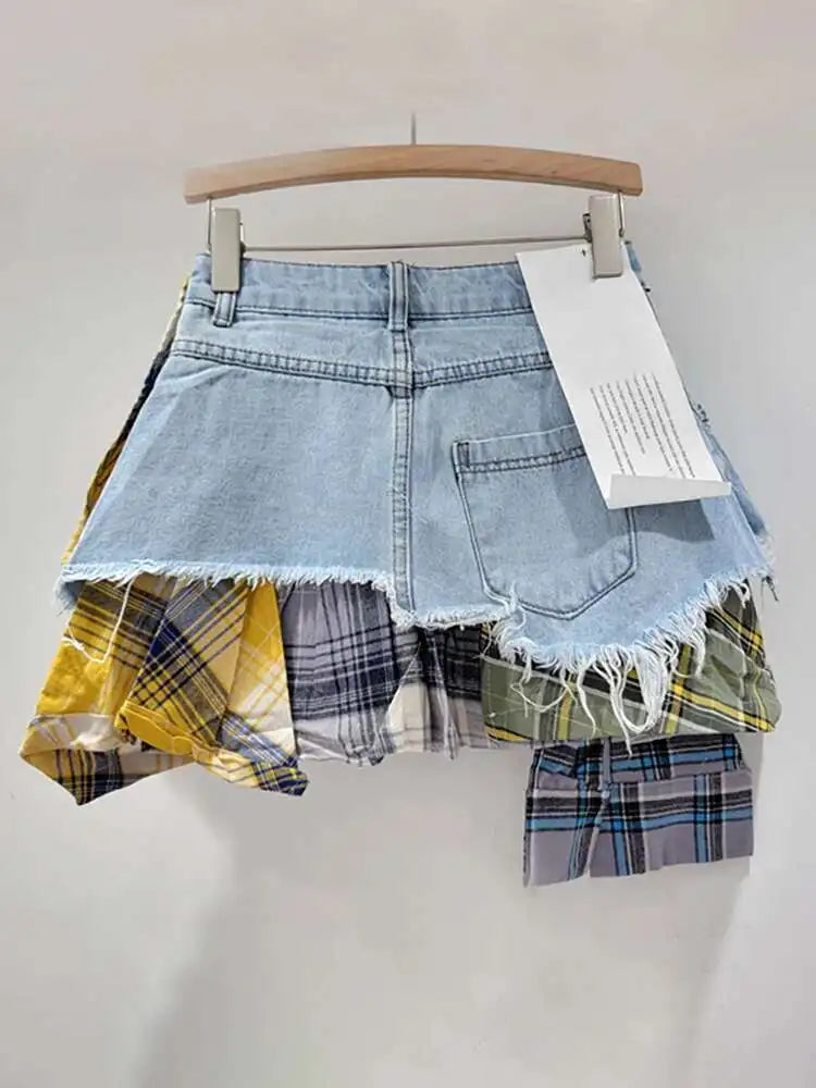 DEAT Women's Denim Skirt Colored Plaid Patchwork Irregular Deconstructed A-line High Waist Mini Skirt 2025 Summer New Fashion SS69