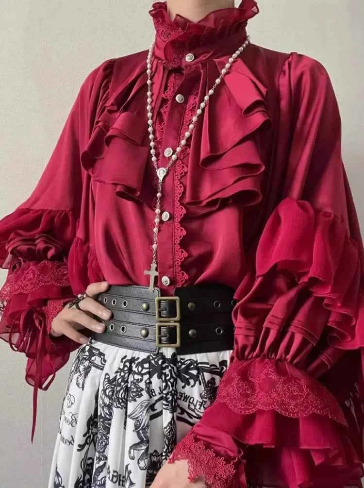 Japanese Kawaii Lolita Blouse Women Vintage Lantern Sleeve Shirt Y2k Aesthetic Lace Patchwork Tops Top Cospaly JK Loose Blusas