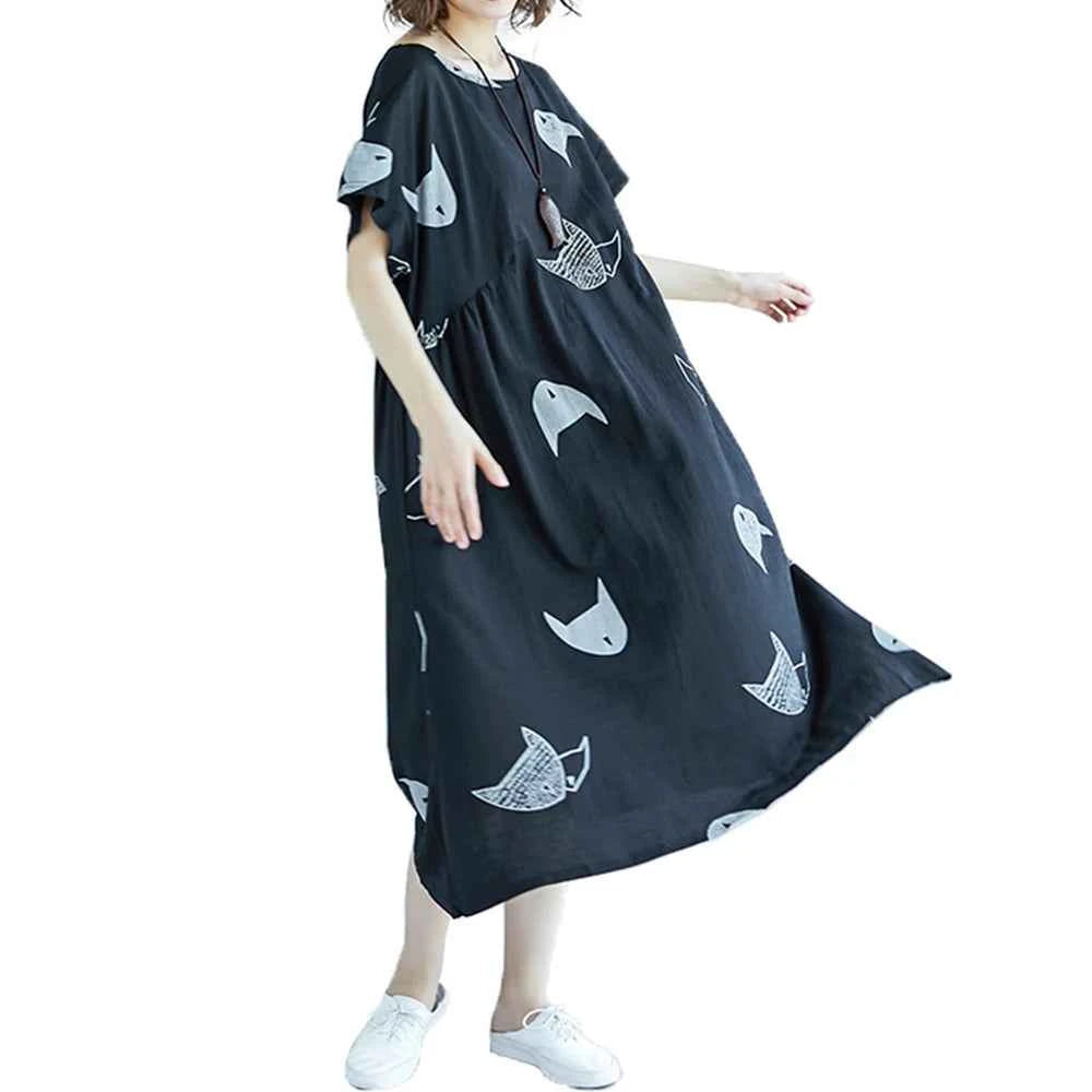 Plus Size Women Loose Dress Cute Cartoon Cat Print O Neck  Short Sleeve Baggy Large Size Oversized Maxi Dress Round Neck