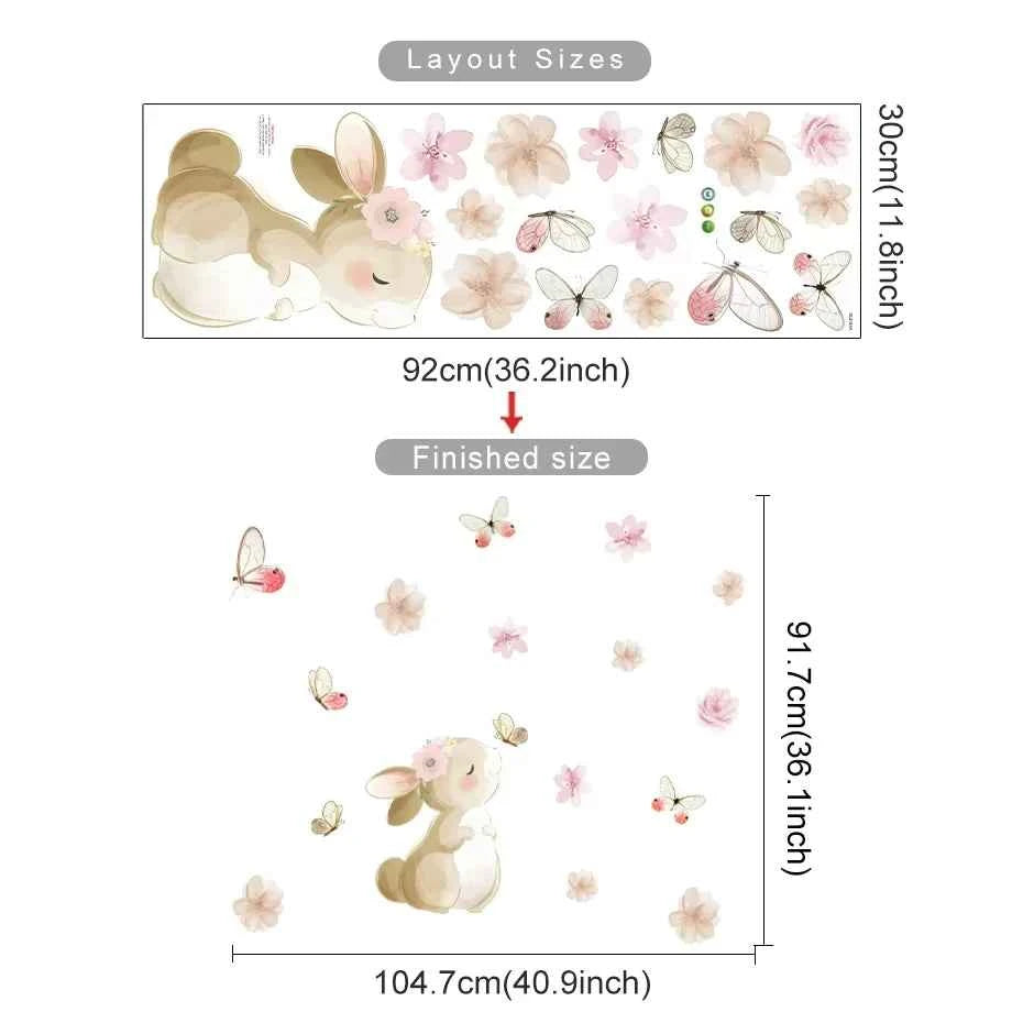 Boho Cartoon Rabbit Butterfly Flowers Wall Sticker Nursery Kids Room Home Decoration Mural Living Room Bedroom Bunny Stickers
