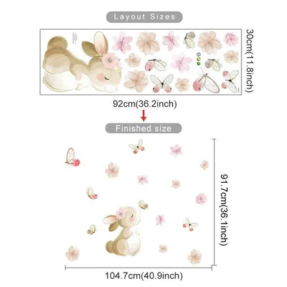 Boho Cartoon Rabbit Butterfly Flowers Wall Sticker Nursery Kids Room Home Decoration Mural Living Room Bedroom Bunny Stickers