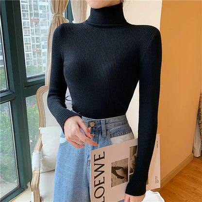 2025 Autumn Winter Women Long Sleeve Knitted Foldover Turtleneck Ribbed Pull Sweater Soft Warm Femme Jumper Pullover Clothes SS69