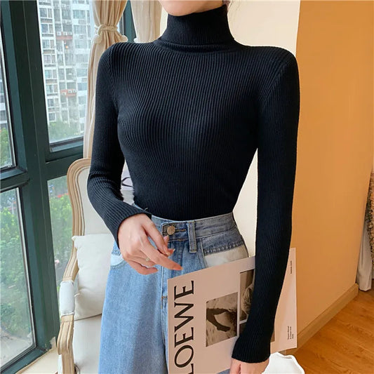 2025 Autumn Winter Women Long Sleeve Knitted Foldover Turtleneck Ribbed Pull Sweater Soft Warm Femme Jumper Pullover Clothes SS69