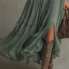 Women Boho Sleeveless V Neck Tiered Pleated Maxi Dress Ruffled Chiffon Flowy Split Hem Vintage Country Casual Western Long Dress