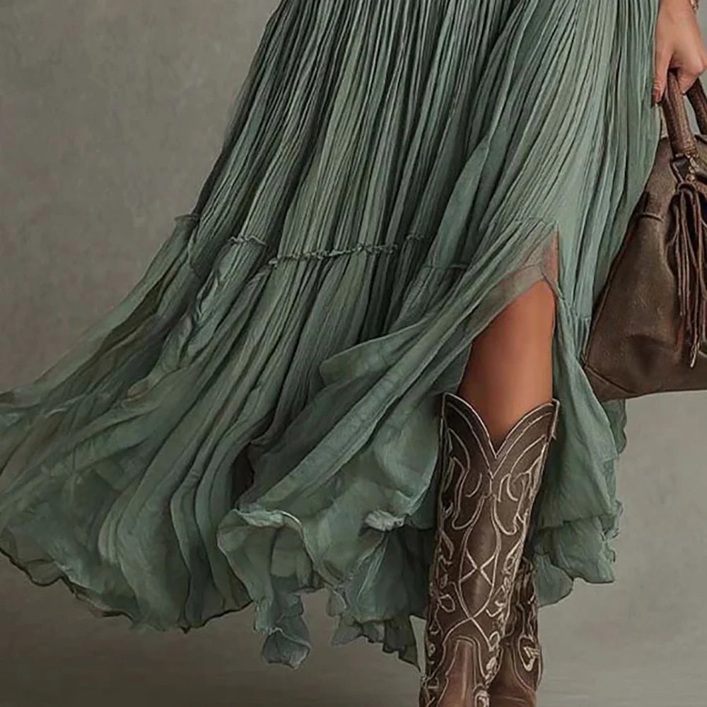 Women Boho Sleeveless V Neck Tiered Pleated Maxi Dress Ruffled Chiffon Flowy Split Hem Vintage Country Casual Western Long Dress