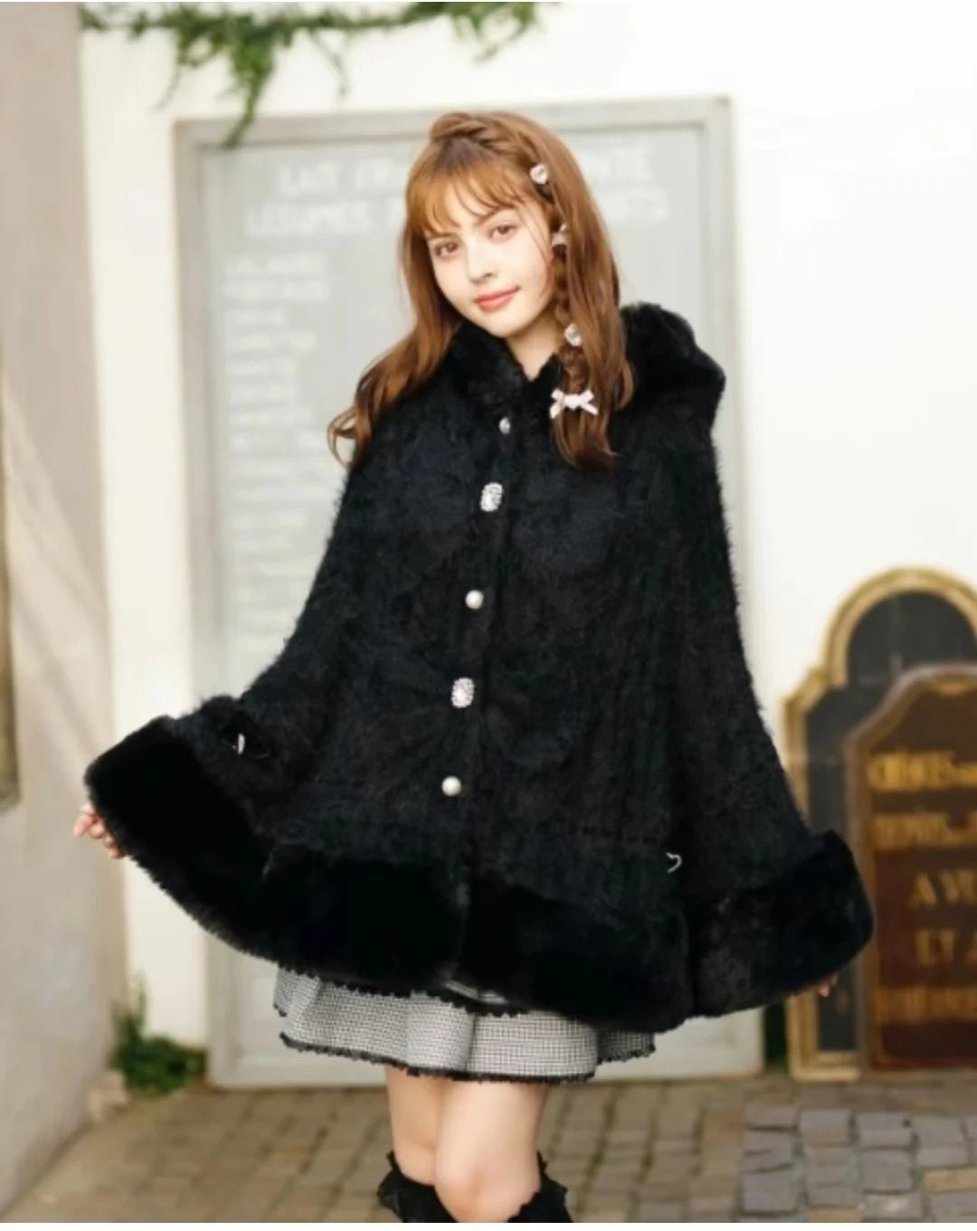 Godivana Faux Rabbit Fur Cape Coat with Rhinestone Bow