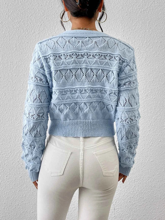 2026 New Autumn Women V-neck Knitwears Long Sleeve Knitted Sweaters Hollow Out Embroidery Single Breasted Short Cardigans Tops