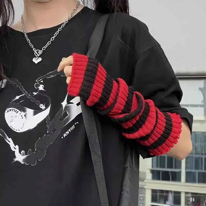 Gothic Striped Knitted Fingerless Arm Sleeves Black White Striped Winter Long Arm Warmers Girls Harajuku Y2K Wrist Gloves