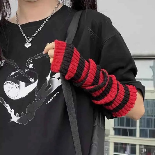 Gothic Striped Knitted Fingerless Arm Sleeves Black White Striped Winter Long Arm Warmers Girls Harajuku Y2K Wrist Gloves