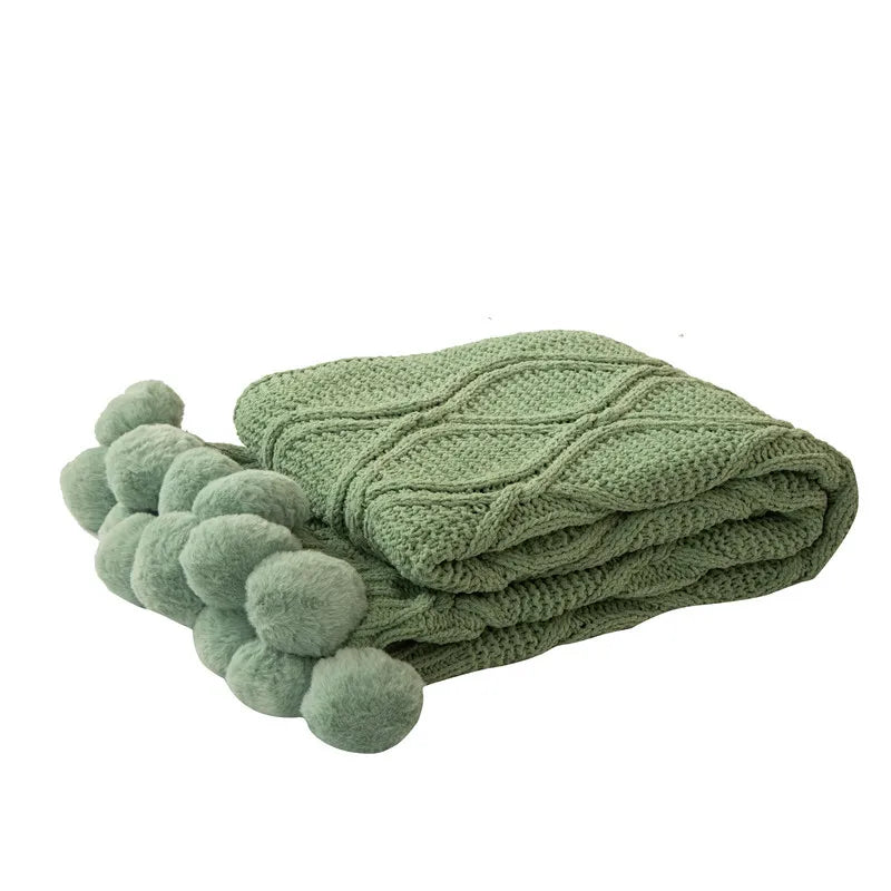 SS69 Chunky Chenille Knit Throw Blanket with Pom Poms, 130x170cm