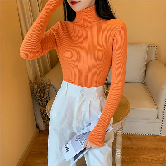 2025 Autumn Winter Women Long Sleeve Knitted Foldover Turtleneck Ribbed Pull Sweater Soft Warm Femme Jumper Pullover Clothes SS69