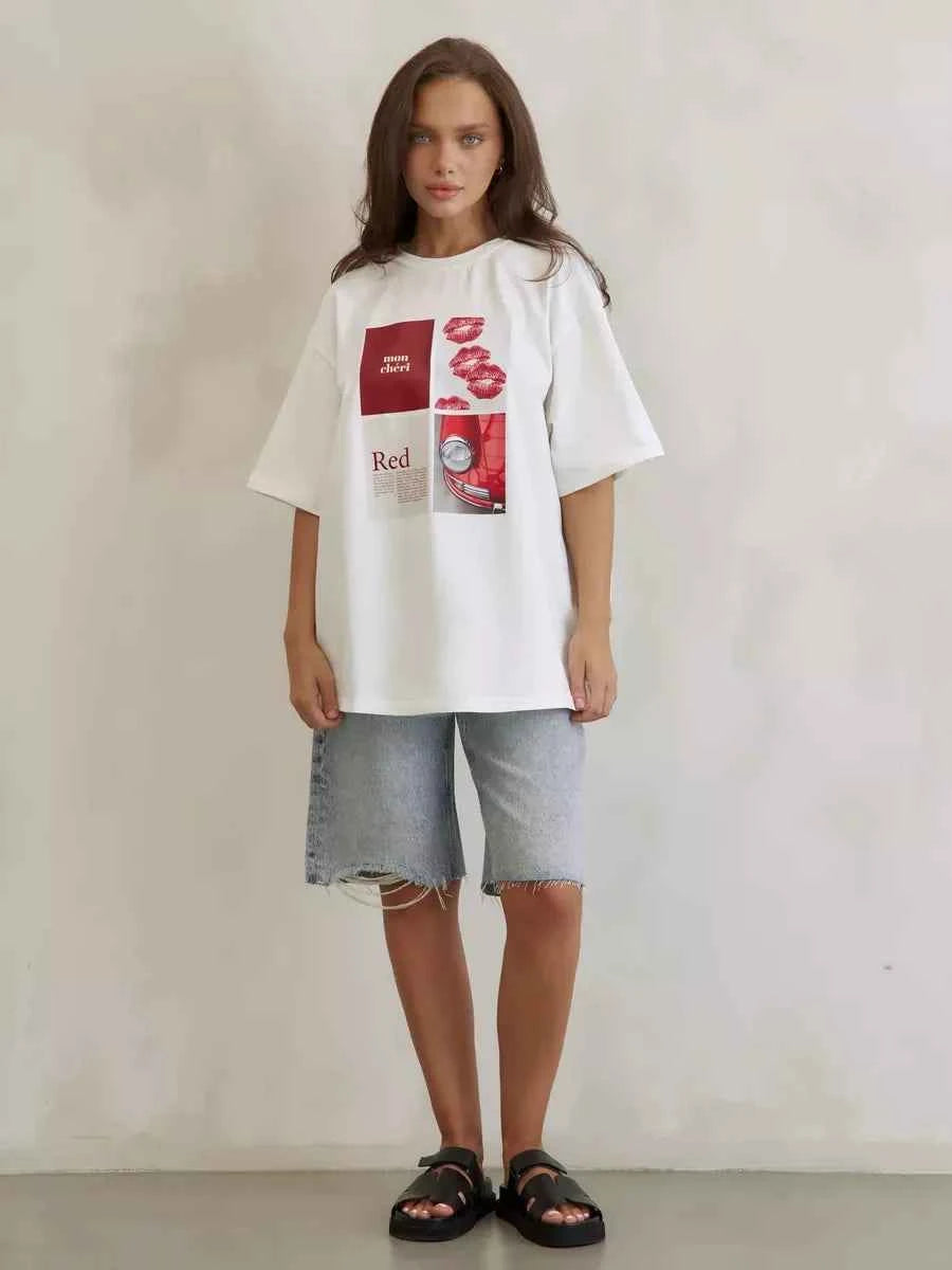 European American Hot Girl American Y2K Design Printed T-shirt Summer Women Ins Pure Cotton High Street Retro Short-sleeved Top