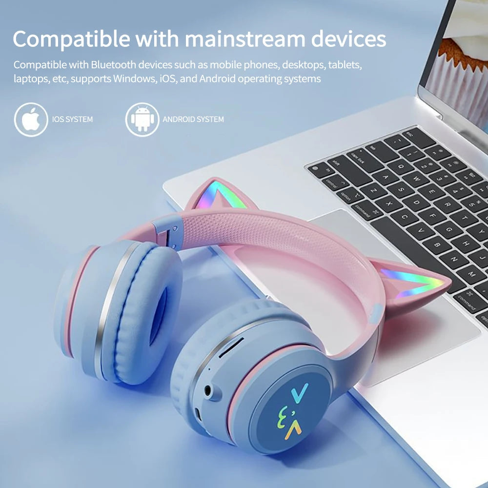Gradient wireless Headphones RGB cute cat ear Bluetooth Earphones with microphone Stereo Music Game Earphone Girls Kids Gifts SS69