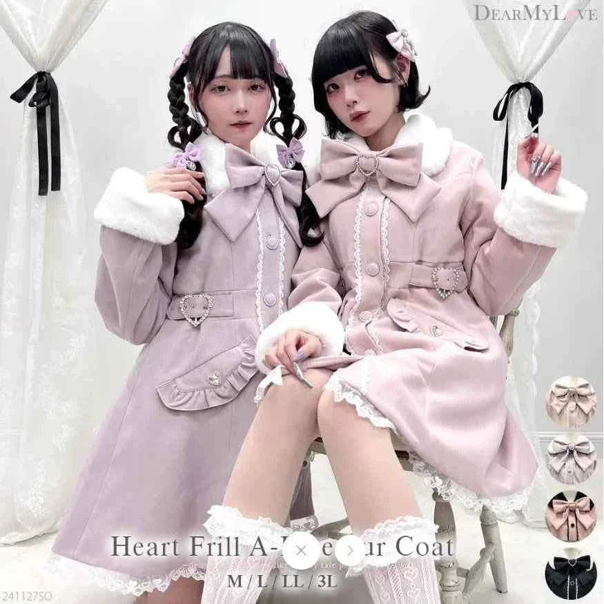 Japanese Sweet Winter Woolen Coat Lolita Style Cute Big Bow Fungus Edge Long Sleeve Slim Kawaii Girls Women Elegant Overcoat