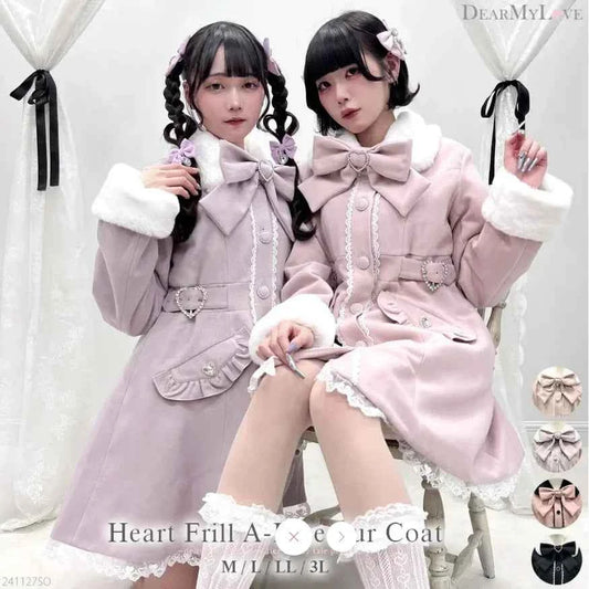 Japanese Sweet Winter Woolen Coat Lolita Style Cute Big Bow Fungus Edge Long Sleeve Slim Kawaii Girls Women Elegant Overcoat