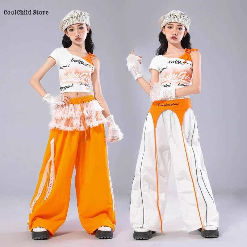 Girls K-pop Off Shoulder Crop Top Lace Cargo Pants Dance Shorts Kids Hip Hop Streetwear Children Jazz Girl Group Clothes Sets