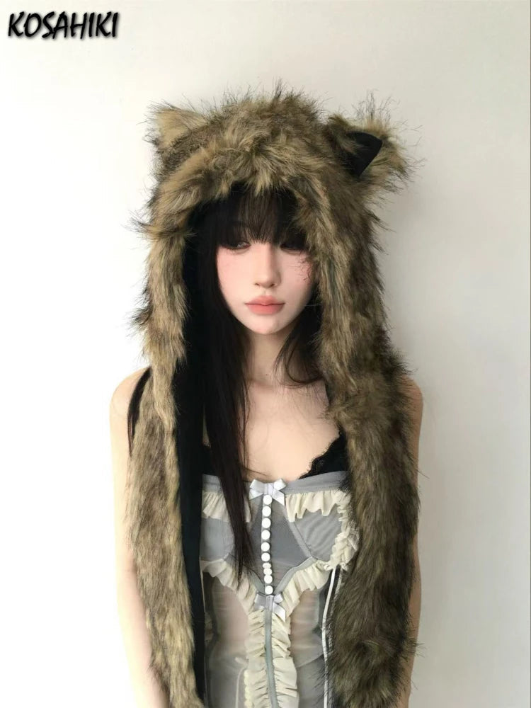 Japanese Kawaii Cute Fur Scarf Hat Winter Keep Warm Y2k Aesthetic Fashion Vintage Cap Bears Ears Women Hats Grunge Streetwear SS69