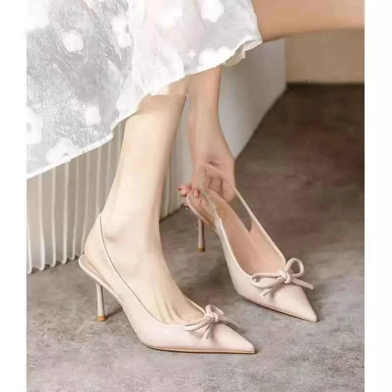 2025 New Butterfly Knot Fashionable Pointed Toe Hollow Back Women's Sandals High Heels Korean Style Spring Autumn Elegant Lad...