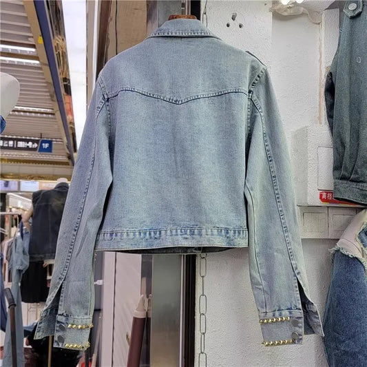 Color Gem Stitching Denim Coat Autumn New American Style Vintage Washed Beaded Rivet Street Fashion Short Jacket Women Trendy SS69