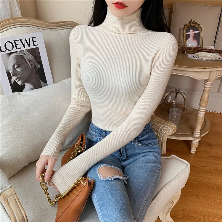 2025 Autumn Winter Women Long Sleeve Knitted Foldover Turtleneck Ribbed Pull Sweater Soft Warm Femme Jumper Pullover Clothes SS69