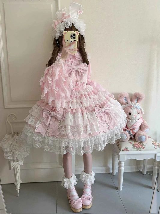 Women's Pink Lolita Dress Cape Set New Spring Women's Sweet Girl Lace Princess Jsk Cake Dress Fairy Suspender Dress Shirt Outfit