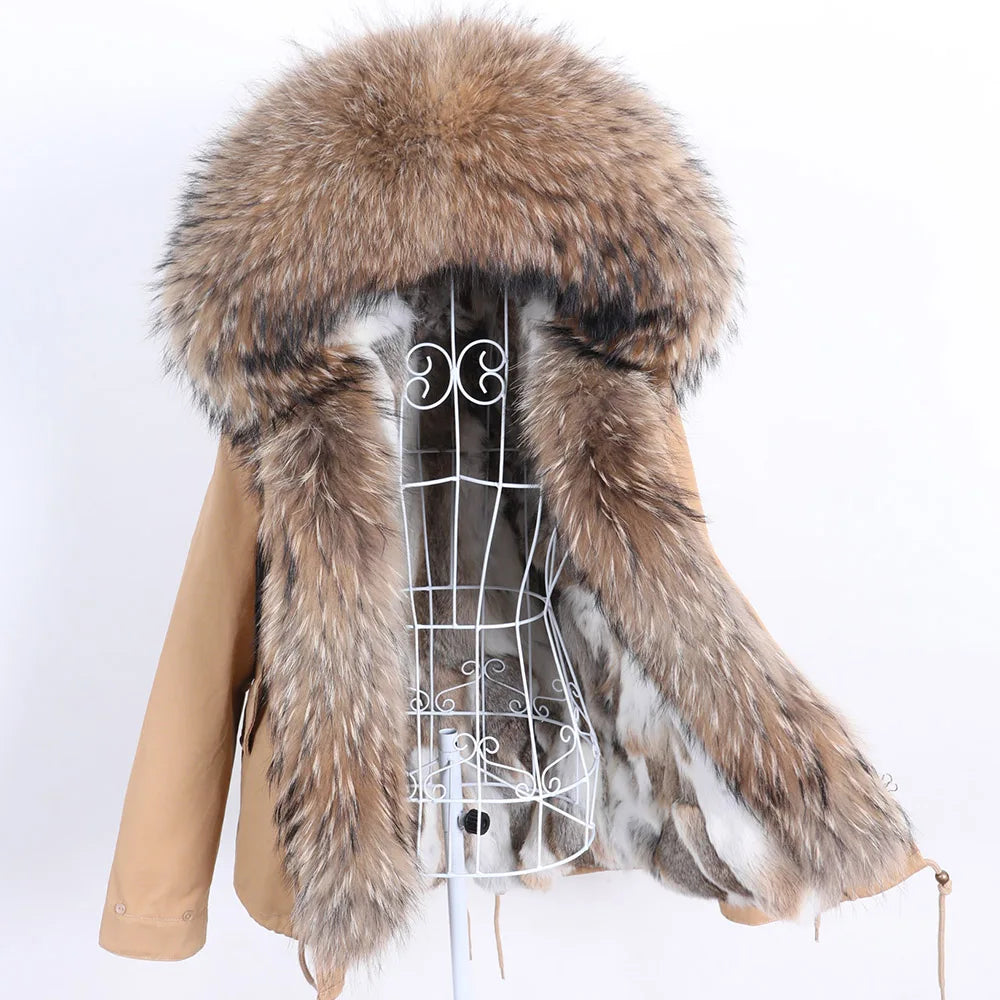 Maomaokong Winter Women Parka Cotton Jacket Real Fur Coat Natural Fox Fur Hooded Rabbit Fur Liner Thick Warm Outerwear Female
