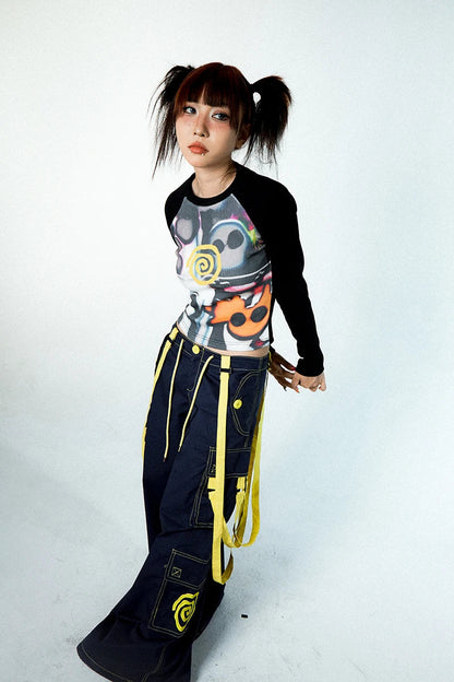 Women Vortex Skull Print Long Sleeve Raglan Stitch Backing T-Shirt Tops Fairy Grunge Graphic Vintage Y2k Slim Long Sleeve Top SS69