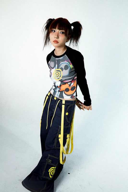 Women Vortex Skull Print Long Sleeve Raglan Stitch Backing T-Shirt Tops Fairy Grunge Graphic Vintage Y2k Slim Long Sleeve Top SS69