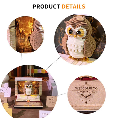 ANENG 2026 3D Desk Calendar Time Piece with LED Light Paper Carving Memo Pad