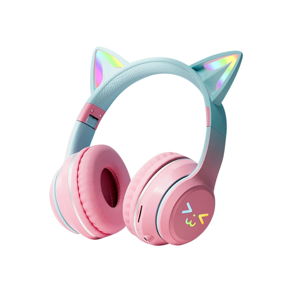Gradient wireless Headphones RGB cute cat ear Bluetooth Earphones with microphone Stereo Music Game Earphone Girls Kids Gifts SS69 24.69 Pink
