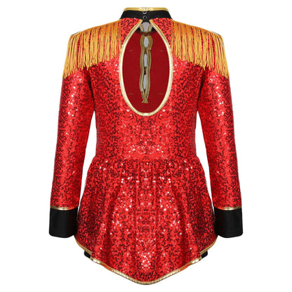 Moggemol Girls Sequin Ringmaster Bodysuit Long Sleeve Circus Costume